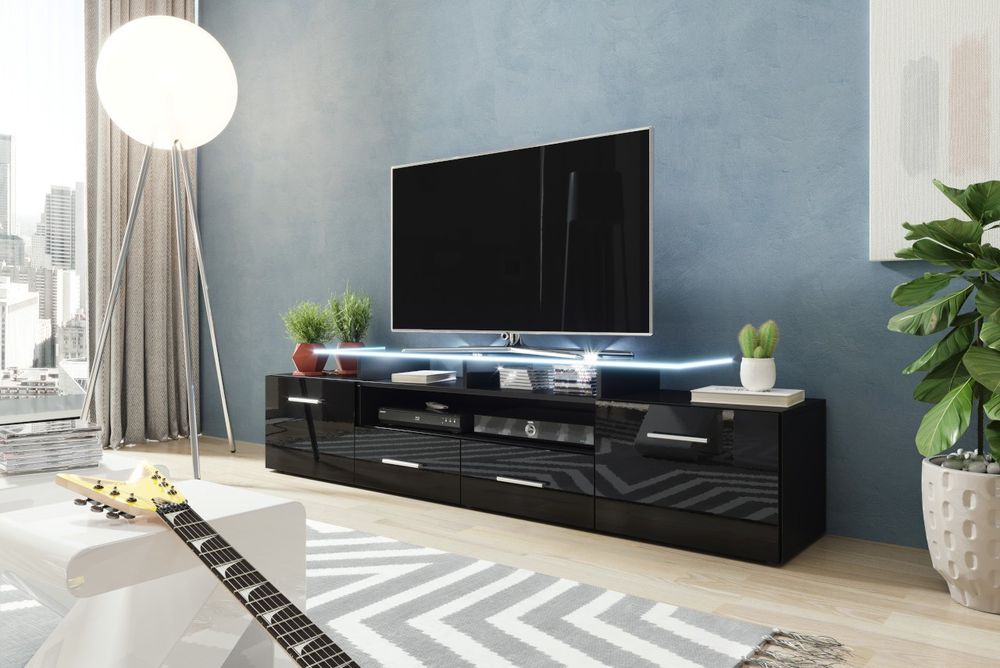 Veneti TV stolík s LED bielym osvetlením SOBRAL - čierny / lesklý čierny